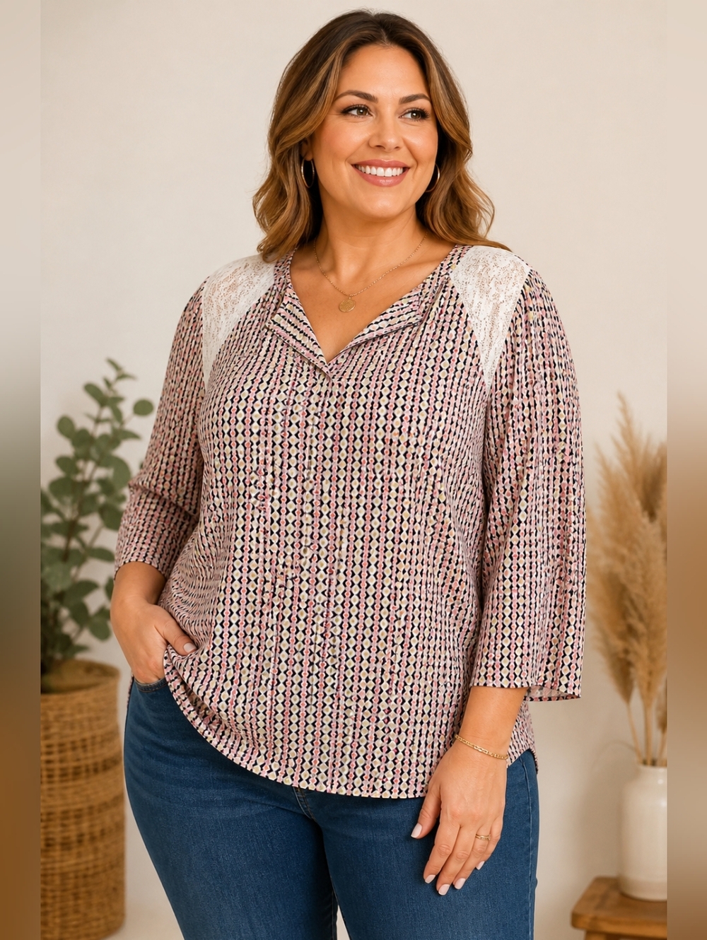 American City Wear Lace Shoulder Blouse 2X Boho Geometric Print 3/4 Sleeve Top